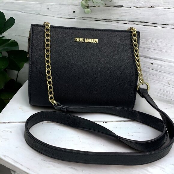 Steve Madden Black Crossbody With Gold Chain Strap Vegan Leather Small 8”x6” - Picture 1 of 10